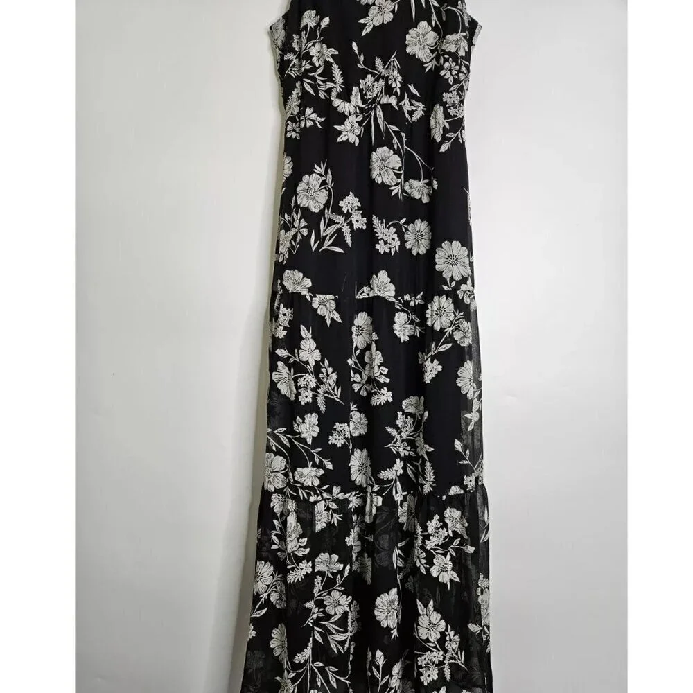 J. Crew Women's 6 Black & White Chiffon Floral Tiered Maxi Dress Wedding Summer